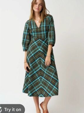 TOAST Astrid Seersucker Green & Teal Plaid V-Neck Midi Dress UK14